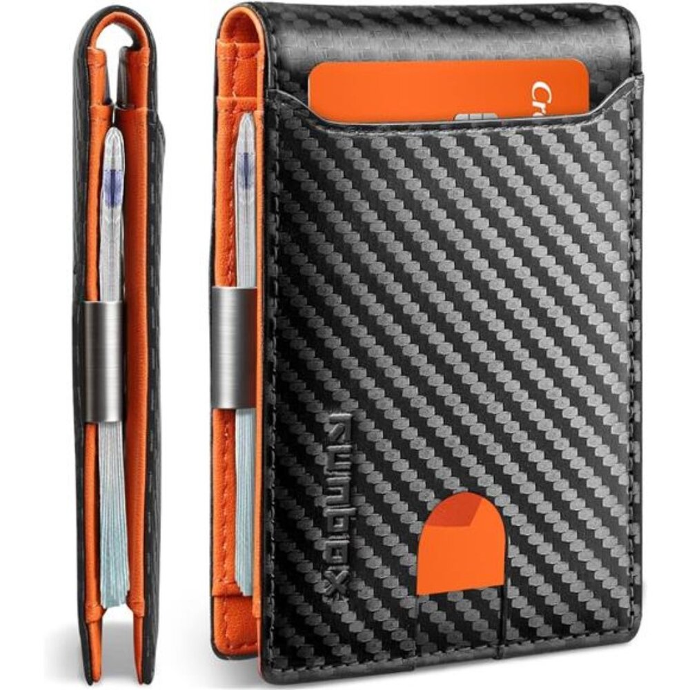 Slim Wallets for Men Carbon Black&Orange